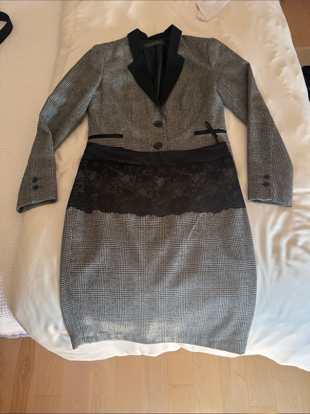 Suzy Shier Gray Plaid Blazer Dress with Black Lace Trim